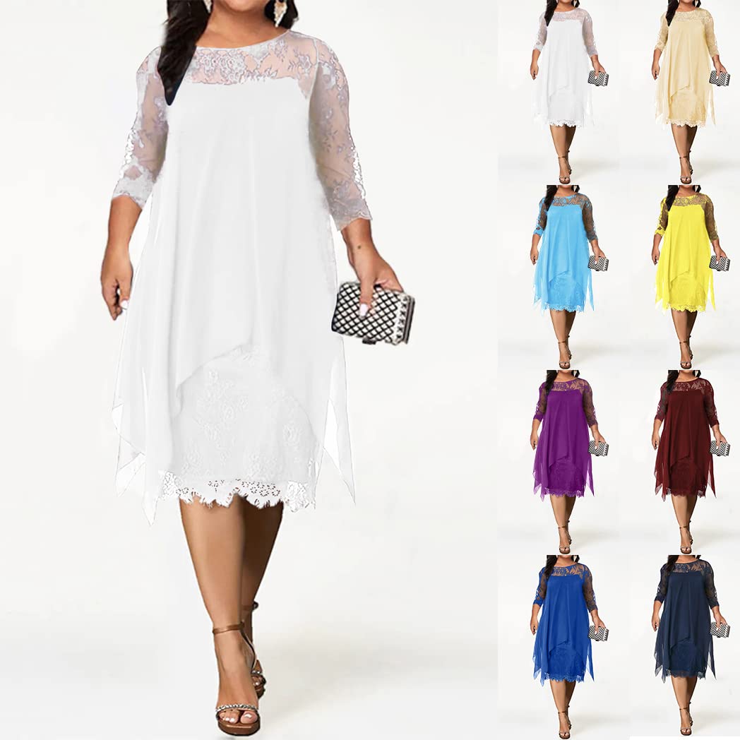 shownicer Femmes Robe en Dentelle De Soie À Manches 3/4 Grande Taille Robes Lâche Elégante Au Genou Robe de Soirée Cérémonie Cocktail Mariage