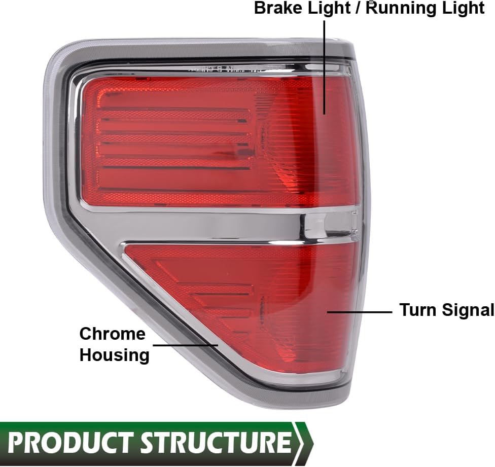 LQI Rear Left Tail Lights Assembly Compatible with Ford F150 2009-2014 Rear Tail Lights Assembly Brake Lamps 1PC Luces traseras, Clear Lens Chrome Housing, FO2818143 FO2819148