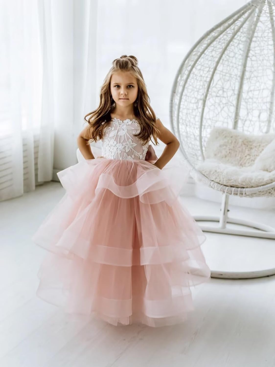 Lace Applique Flower Girl Dress for Wedding Tiered Tulle Wedding Party Gown Train Princess Pageant Floor-Length Puffy Dress - Image 3