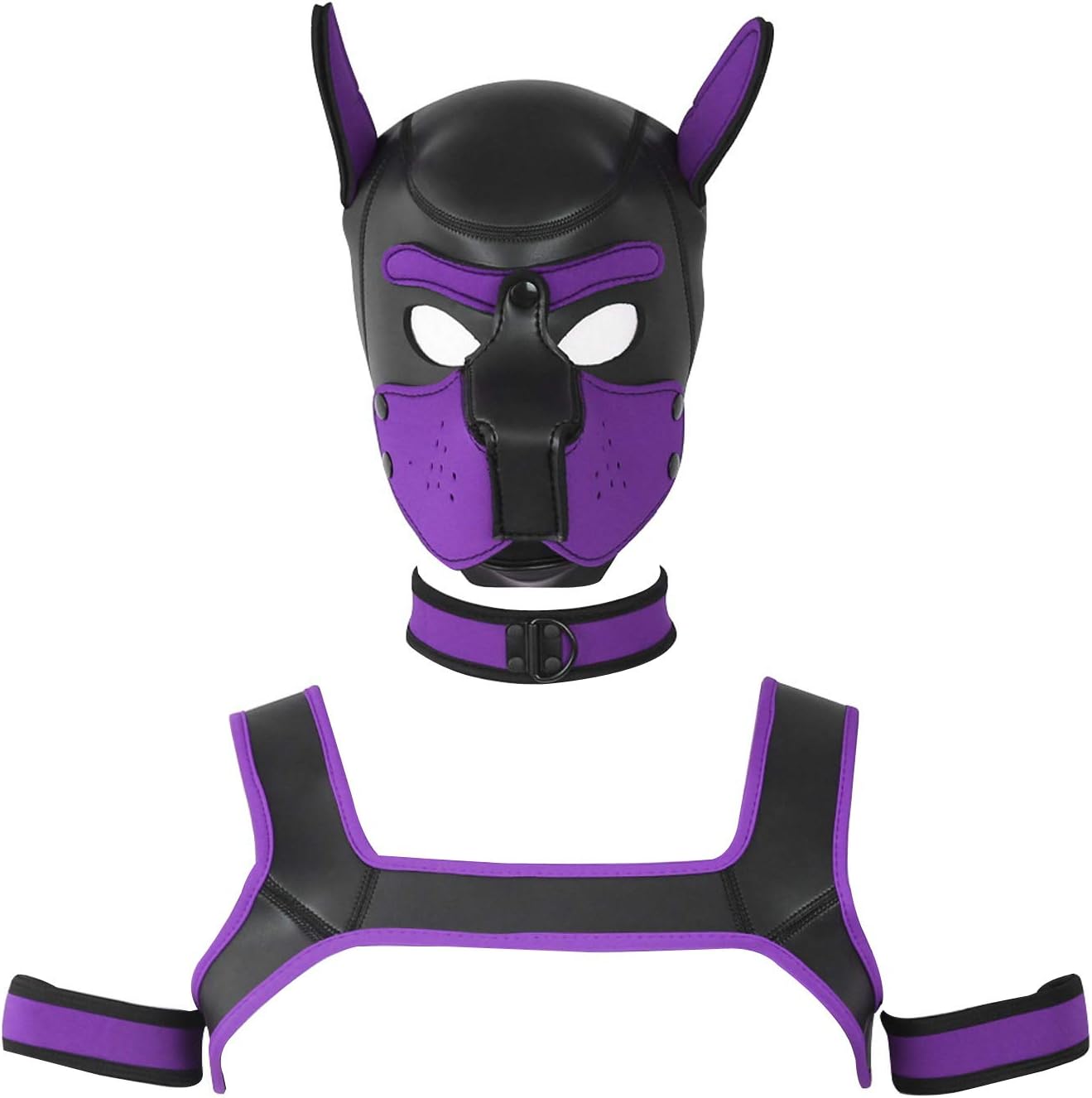 Cuta Adults Neoprene Puppy Hood Custom Animal Head Mask Novelty Costume Dog Hood Mask,Collar,Armband and Harness (L, Purple/)