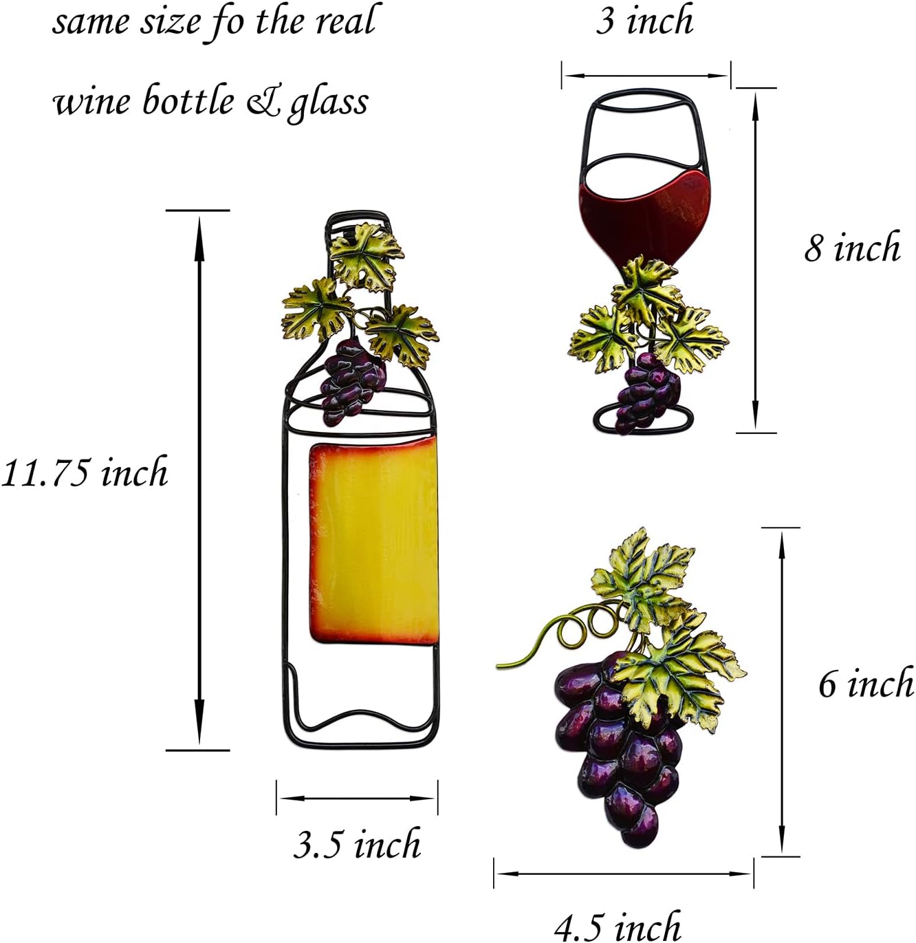 NewVees Metal Wall Decor, Kitchen Wine Decoration - Red Wine Glass & Bottle Fake Grape Hanging Ornament for Home, Living Room, Dining Room, Bedroom, Bar - Indoor/Outdoor, 3 pcs, 11 inch