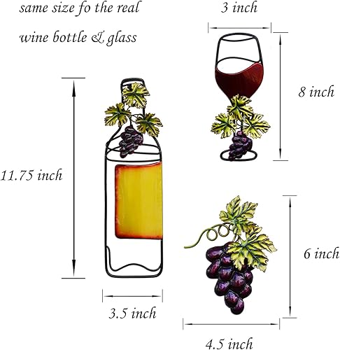 Miniatura 7 de NewVees Decoración de pared de metal, decoración de vino de cocina, copa de vino tinto y botella, adorno colgante de uva falsa para el hogar, sala