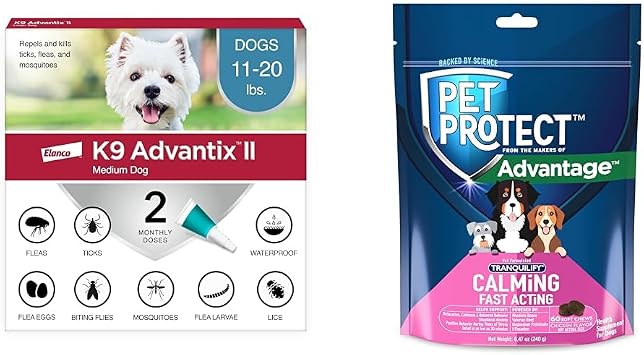 حزمة من K9 Advantix II Medium Dog | 2-Mo Supply + Pet Protect Calming Fast-Acting Soft Chews للكلاب ، 60 Count