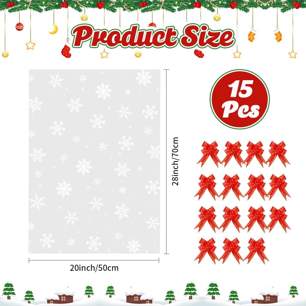 Large Christmas Snowflake Cellophane Bags, 15 Pcs Christmas Gift Bags, 20x28 Inch Plastic Cellophane Bags for Gift Baskets, Clear Gift Basket Bag Wrapp with Pull Bows for Xmas Holiday Party Supplies - Image 2