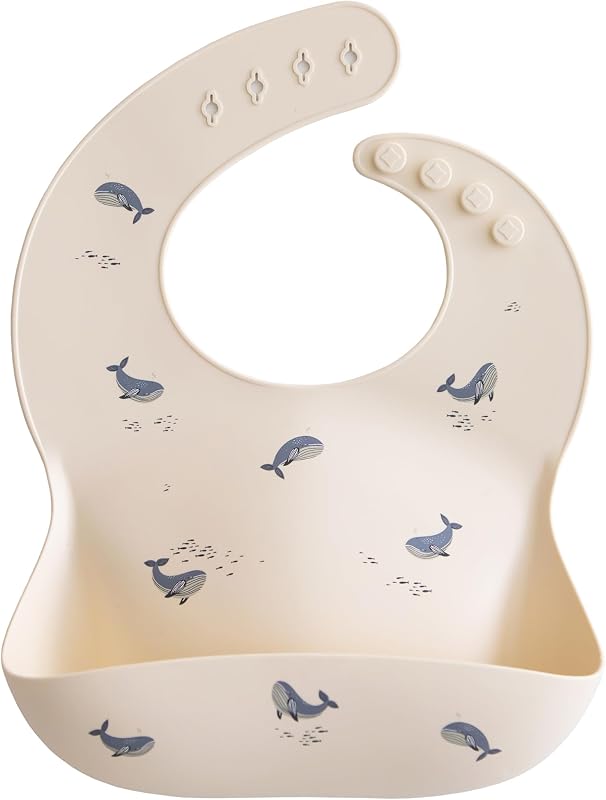 Silicone Baby Bib | Adjustable Fit Waterproof Bibs (Whales) | Ages 4-24 months, Machine washable, Adjustable neck strap, Deep front pocket
