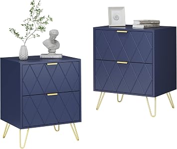 UEV Set of 2 Bedside Tables with Drawers Bedside Table with Metal Feet Sofa Table with Legs Side Table for Living Room Bedroom 40 x 30 x 52 cm Dark Blue and Gold