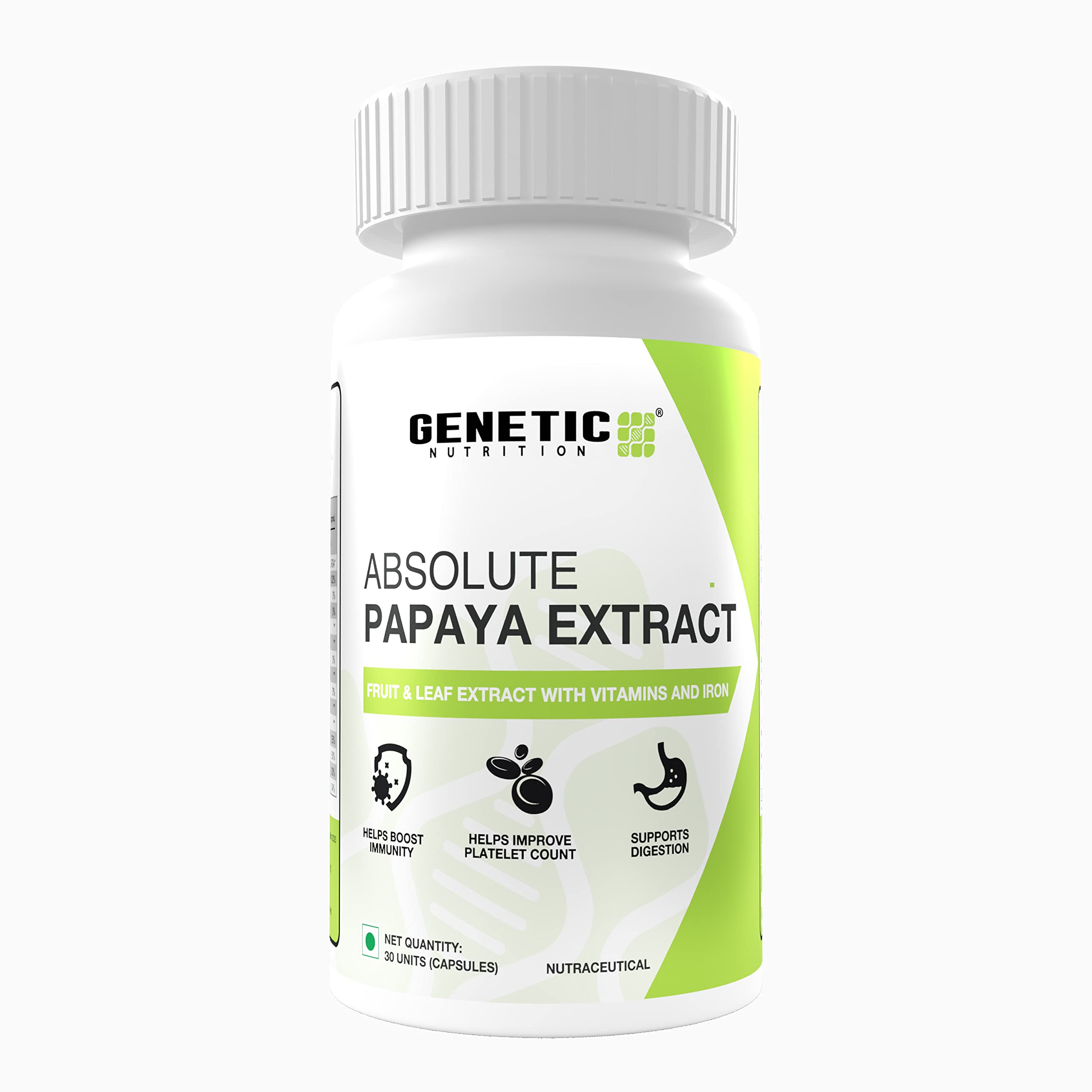 Genetic Nutrition Absolute Papaya Extract Supplement | Supports Platelet count, boosts Immunity and Digestion with Vitamins and Iron | 30 Veg Capsules