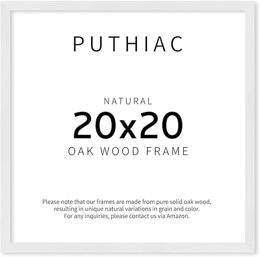 puthiac 20x20 White Picture Frames for Wall - Minimalist 20x20 Oak Wood Frames, 20"x20" Picture Frame Wood, Natural Solid Wooden Picture Frames for Wall Art Photo and Prints (1 Pack, White)