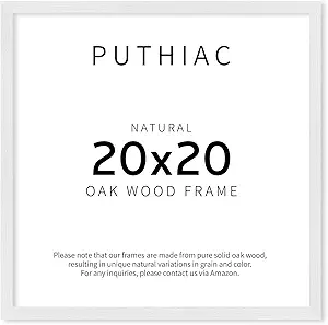 puthiac 20x20 White Picture Frames for Wall - Minimalist 20x20 Oak Wood Frames, 20"x20" Picture Frame Wood, Natural Solid Wooden Picture Frames for Wall Art Photo and Prints (1 Pack, White)