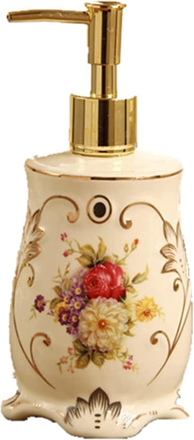 Vintage Ceramic Soap Dispensers for Bathroom Kitchen,Painted Simple Rose Gold Line Flower Porcelain Decoration,Empty Bottle Liquid Hand Soap Lotion Bottle
