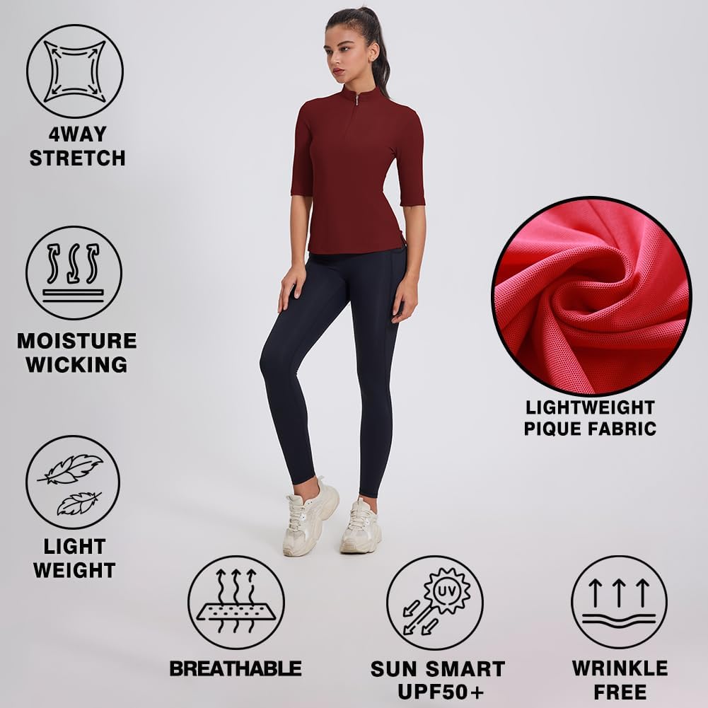 Women's 3/4 Sleeve Golf Polo Shirts UPF 50+ 1/4 Zip Pullover Shirts Quick Dry Outdoor Athletic Shirt - Image 5