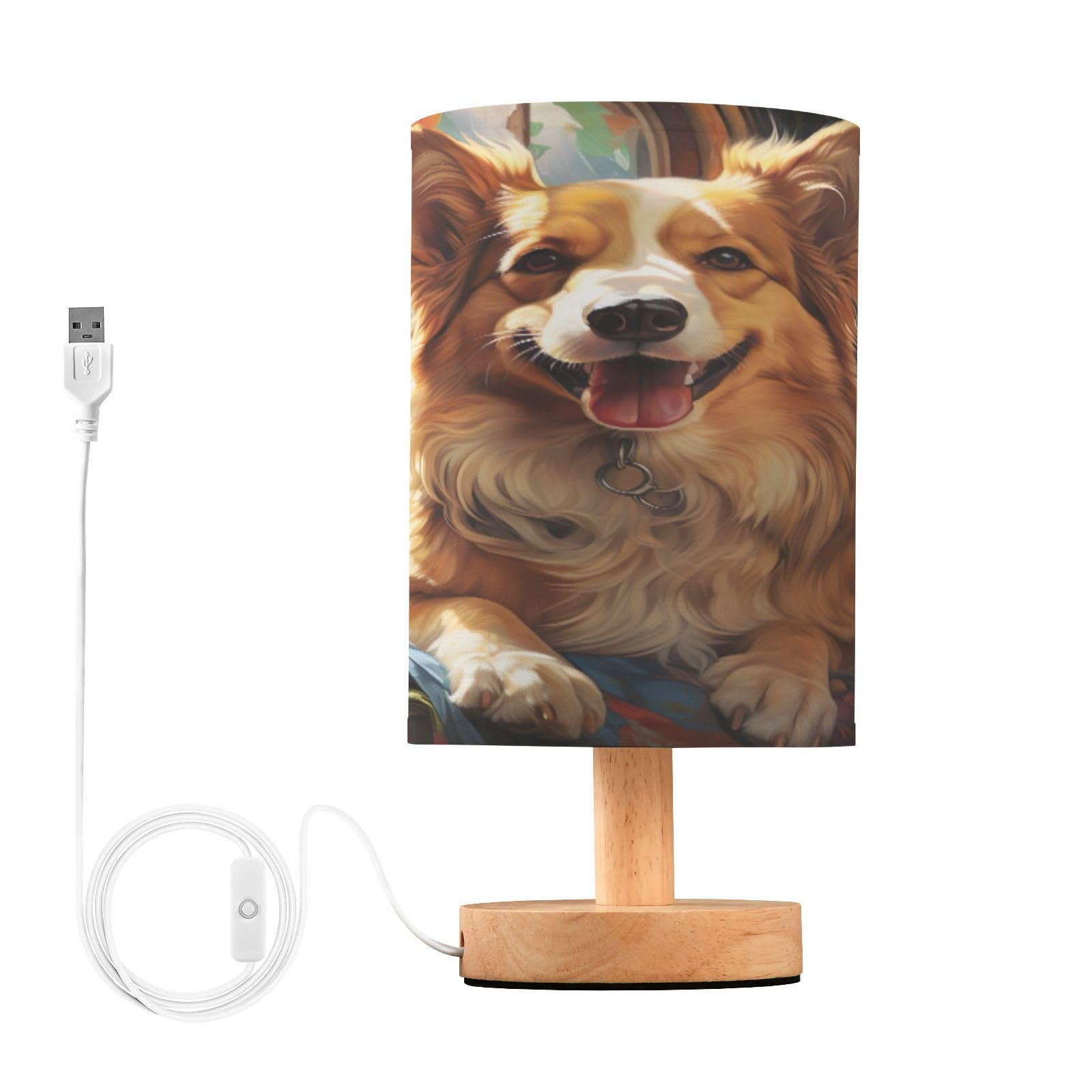 SDMKA Corgi Pattern Bedside Table Lamp for Bedroom, Minimalist Nightstand Lamp with Round Fabric Shade for Living Room, Office, No Bulb Required
