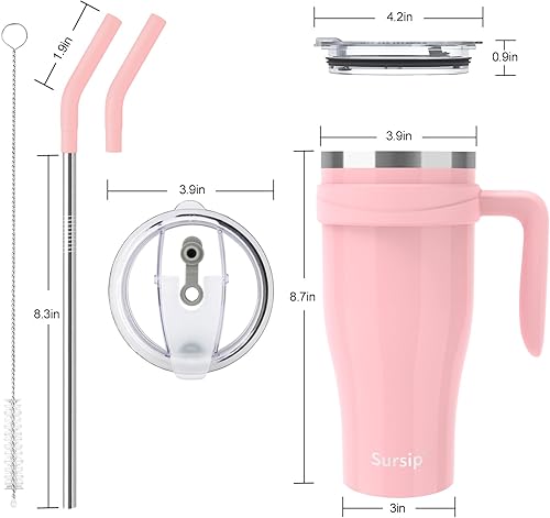 Miniatura 6 de Sursip Vaso de 40 onzas con asa, vaso de acero inoxidable al vacío de doble pared con popote y 2 tapas, mantiene las bebidas frías hasta 24 horas, a