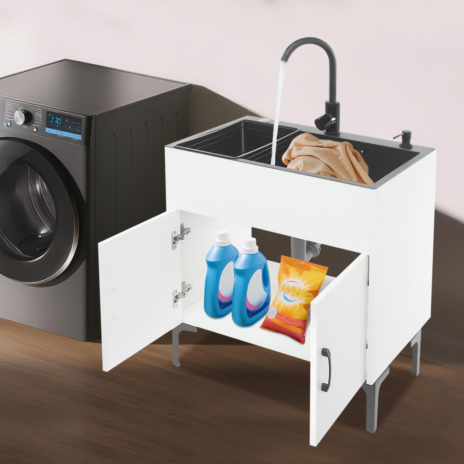 Spüle mit Unterschrank 68x45cm, Einbauspübe Küchen Waschbecken mit 360° Wasserhahn & Seifenspender, Freistehende Schrank Spüle für Küche, Waschküche, Schwarz mit Weißem Korpus (1 Becken)