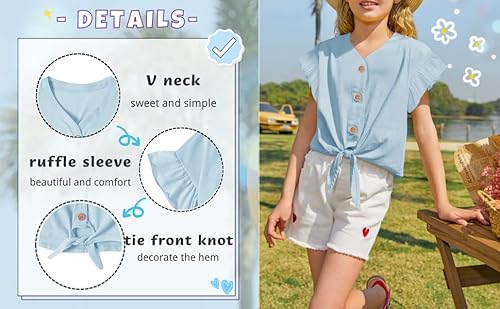 Girls Short Sleeve Shirts V Neck Ruffle Tie Front Knot Tops Button Cute Tunic Shirts Blouse White #TOP5