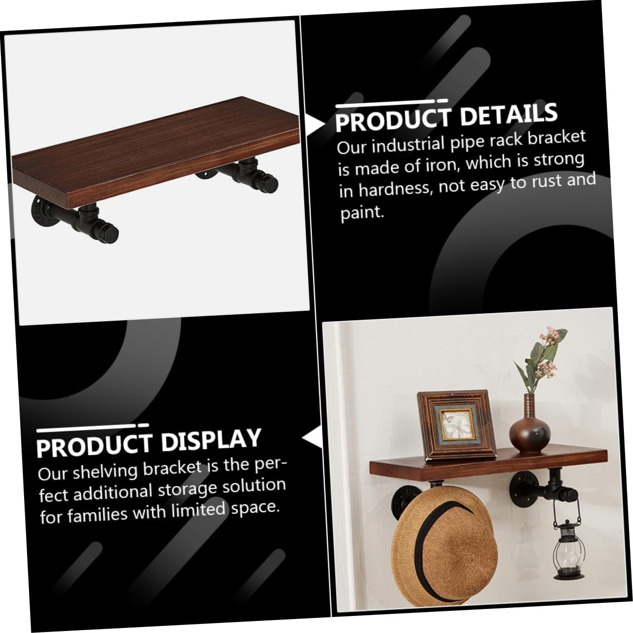 POPETPOP 2Pcs Vintage Wall Mounted Shelving Brackets Industrial Style Pipe Support Brackets for Home Decor Easy to Install Floating Shelf