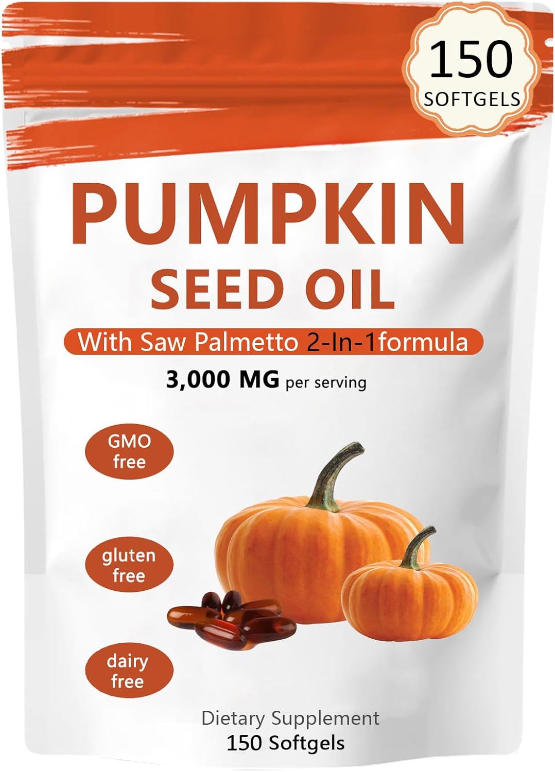 Pumpkin Seed Oil Capsules, 2 in 1 Pumpkin Seed Oil with Saw Palmetto for Hair Growth, 3000mg Per Serving, Cold Pressed, Supports Hair, Heart, Skin Supplement | Non-GMO | 150 Softgels | Only 1 Bag