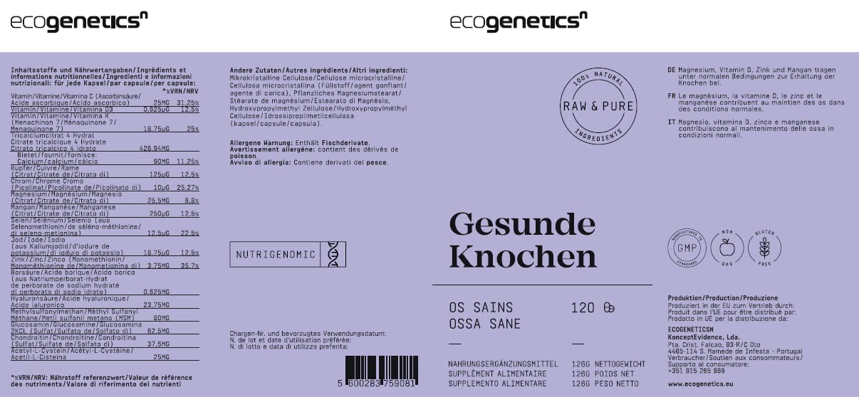 ECOGENETICS - Os Sains Multivitamine Minéraux 120 Capsules | Supplément vitaminique avec Glucosamine Chondroïtine pour la santé des os et des articulations | avec Vitamines Idéal pour tous les âges