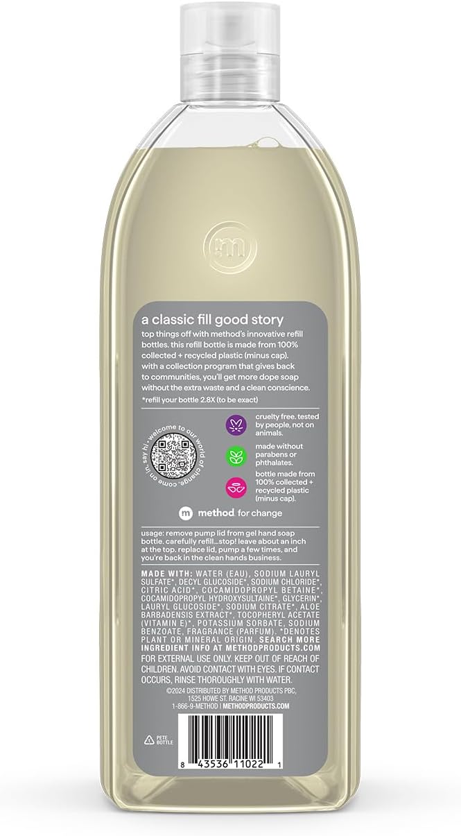 Method Premium Gel Hand Wash Refill, Vetiver + Amber, Recyclable Bottles, 34 fl oz (Pack of 4) (Packaging May Vary)
