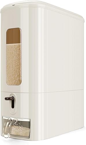 Dispensador de arroz, cubo de arroz de 26 libras con taza medidora, cilindro medidor, a prueba de humedad, almacenamiento de contenedores de grano