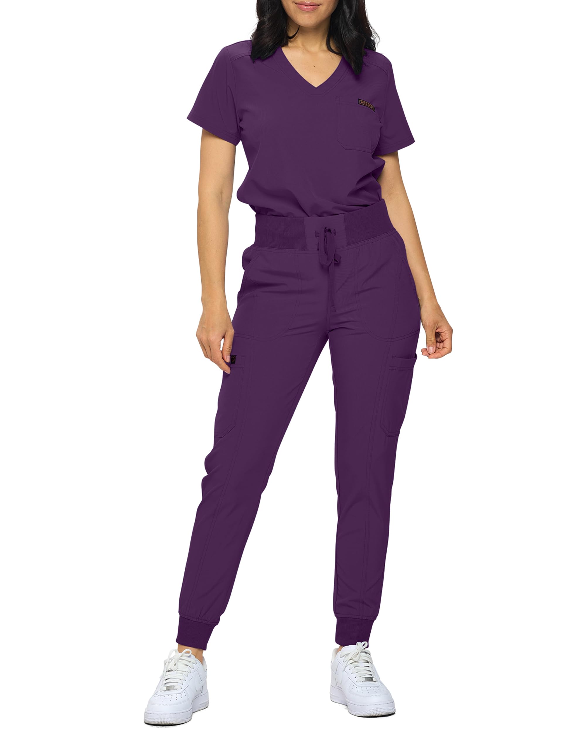MONARCH UNIFORMS Stretchy Women's Jogger Scrub Set in Regular and Petite With Tuck-In Top, Eggplant, L Petite