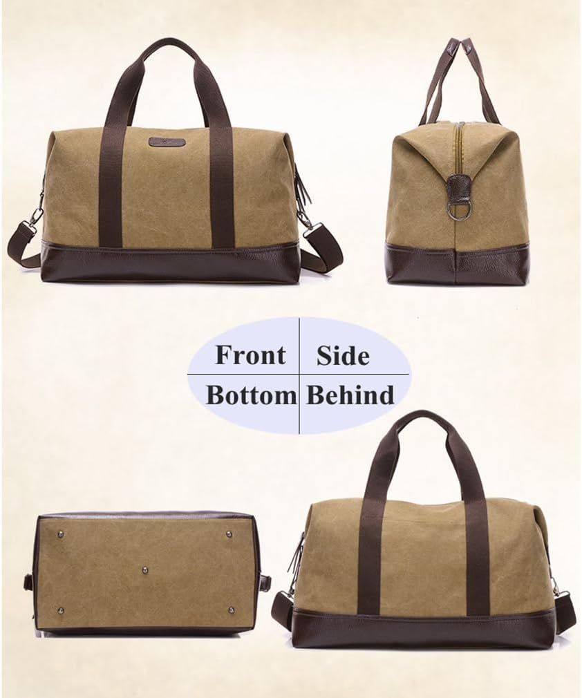 Sunshinejing Unisex Canvas Travel Tote Weekender Overnight Bag Leather Duffel Carry on Bag (Khaki) - Image 5