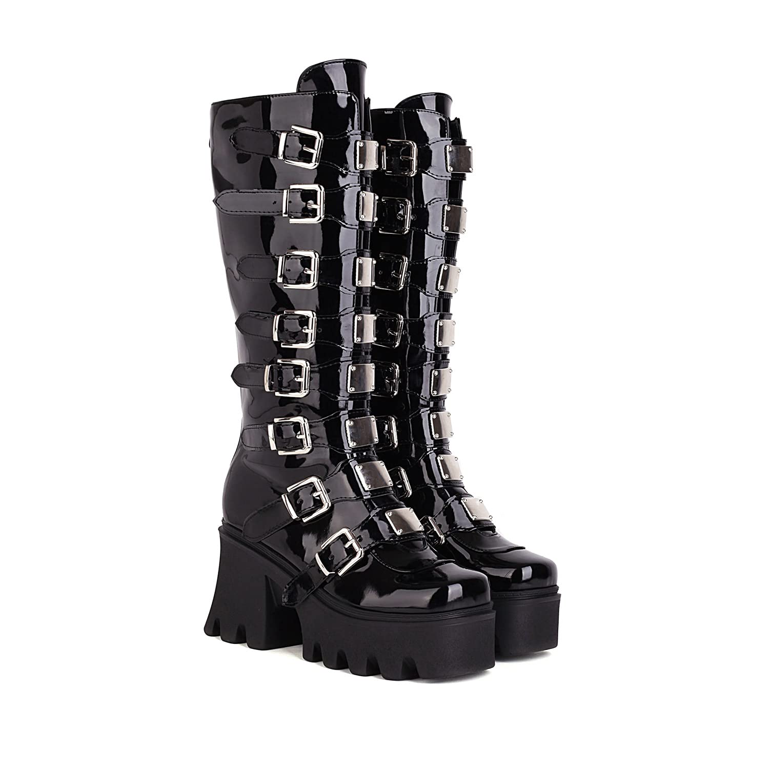 JIFAENY Ladies Punk Goth Platform Boots Gothic Wedge Chunky Ins Motorcycle Mid -Calf Combat Knee High Zipper Boots