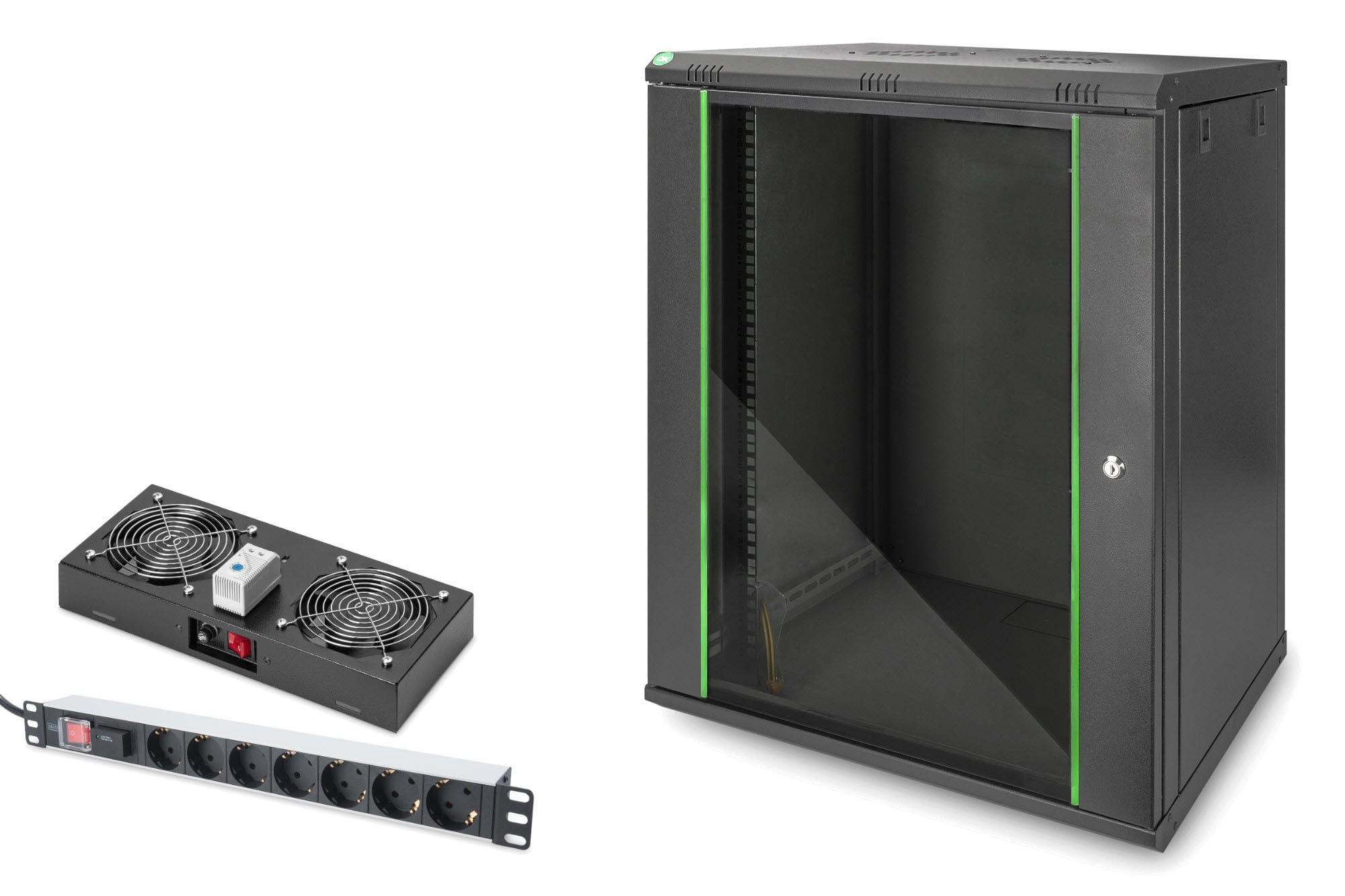 DIGITUS Set: Armoire réseau 19" 16U + Ventilateur de Toit + Bloc multiprise 7 Ports // Rack 19 Pouces - Montage Mural - Profondeur 450mm - Charge 60kg - Profondeur utile 335-380 mm - Noir