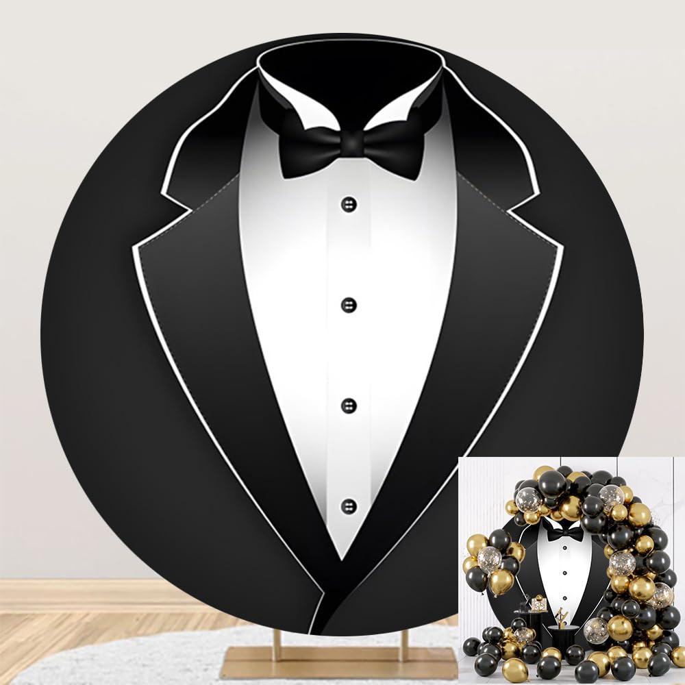 TTQYFNM 7.5x7.5ft Gentleman Tuxedo Round Backdrop Cover Black and White Bow Tie Suit Circle Photography Background for Man Portrait Shooting Luxury