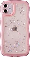 Vista 45 de Qokey para iPhone 14 Plus Funda de 6.7" con diseño de borde ondulado rizado, transparente, con purpurina, brillo, estrellas, brillante, lindo