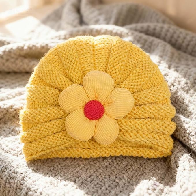 Cute Baby Hat with 3D Flower, Warm Knitted Beanie for Infants, Stretchy Newborn Winter Cap