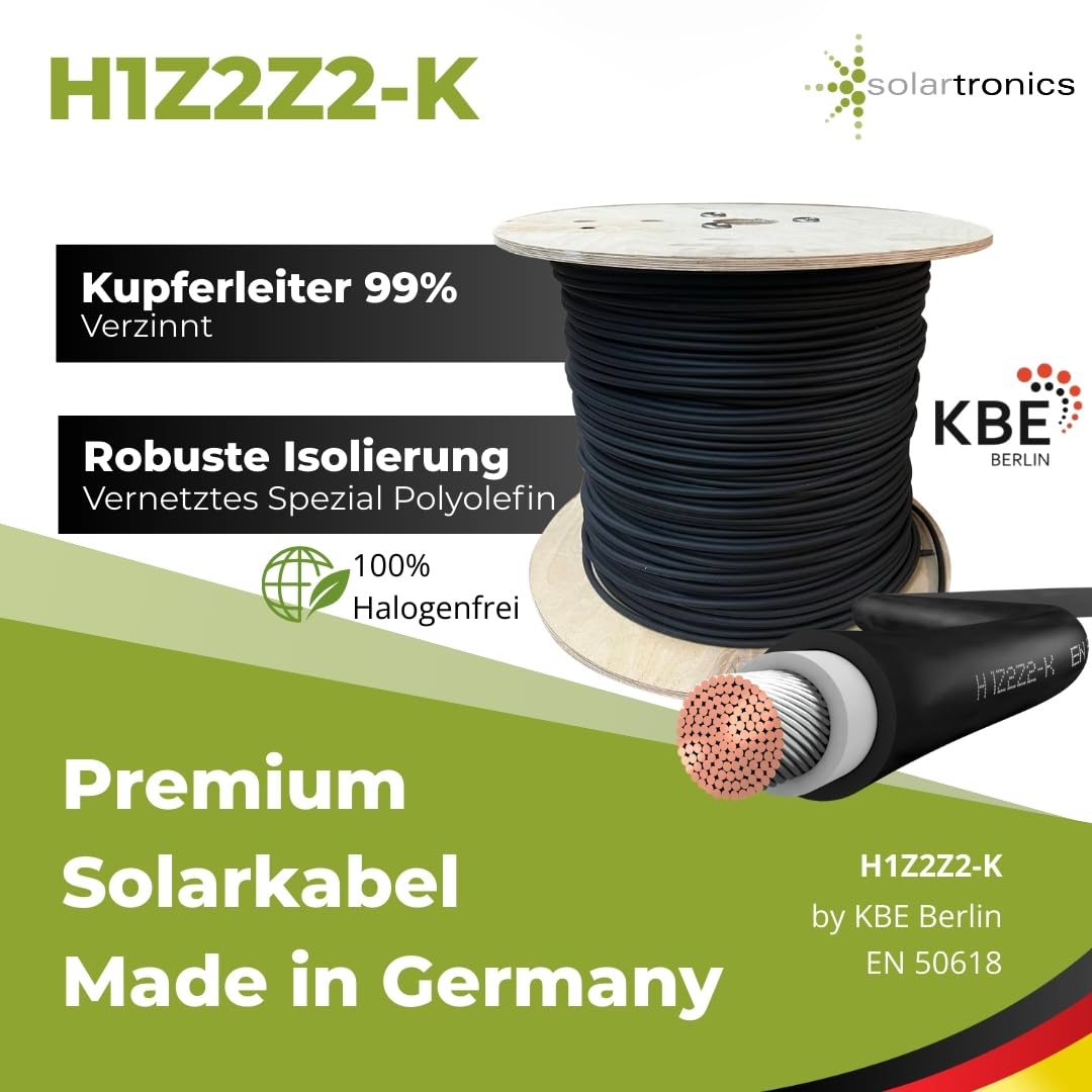 SOLARTRONICS Solarkabel 10mm² 10m Schwarz, H1Z2Z2-K, flexibel, erdverlegbar, PV-Kabel für Photovoltaikanlage, TÜV Reinland, Made in Germany