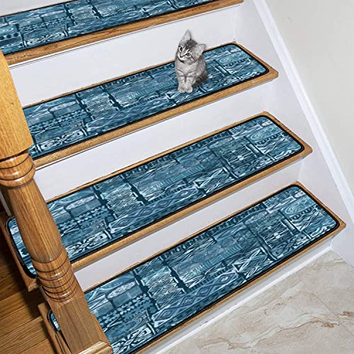 Stair Treads Carpet Runners For Wooden Steps Indoor Hawaiian Style Blue Tapa Tribal Fabric Abstract Patchwork Vintage Rubber Non Slip Stair Runner Rug Mats Kids Dogs Outdoor Step Covers 13Pcs #TOP2
