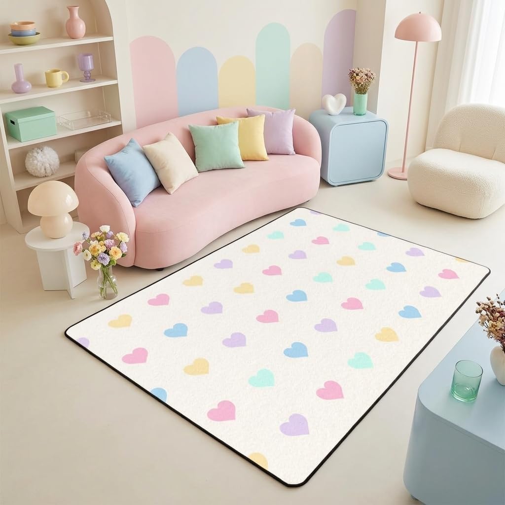 Castle Fairy Colorful Polka Dot Area Rugs,Cartoon Love Heart Indoor Floor Mat Entrance Rug for Girls Boys,Watercolor Hearts Non Slip Rug,Beauty Princess Couch Living Room Decor,3'x5'