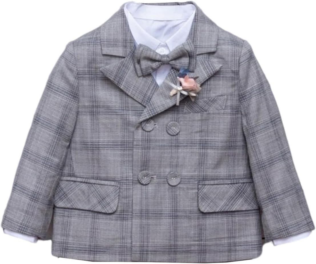 Ulnomio Boys' Checked Blazer Double Breasted Buttons Plaid Suit Jacket Formal Business Coat
