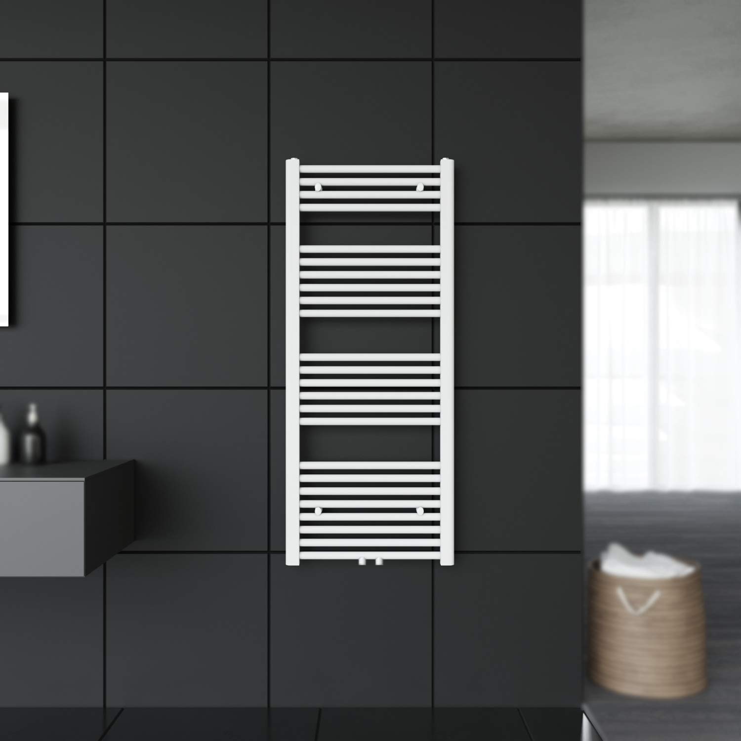 SONNI Grzejnik łazienkowy 1200 x 500 mm suszarka na ręczniki biały 490 W Design ogrzewacz do ręczników łazienka przyłącze środkowe ogrzewanie
