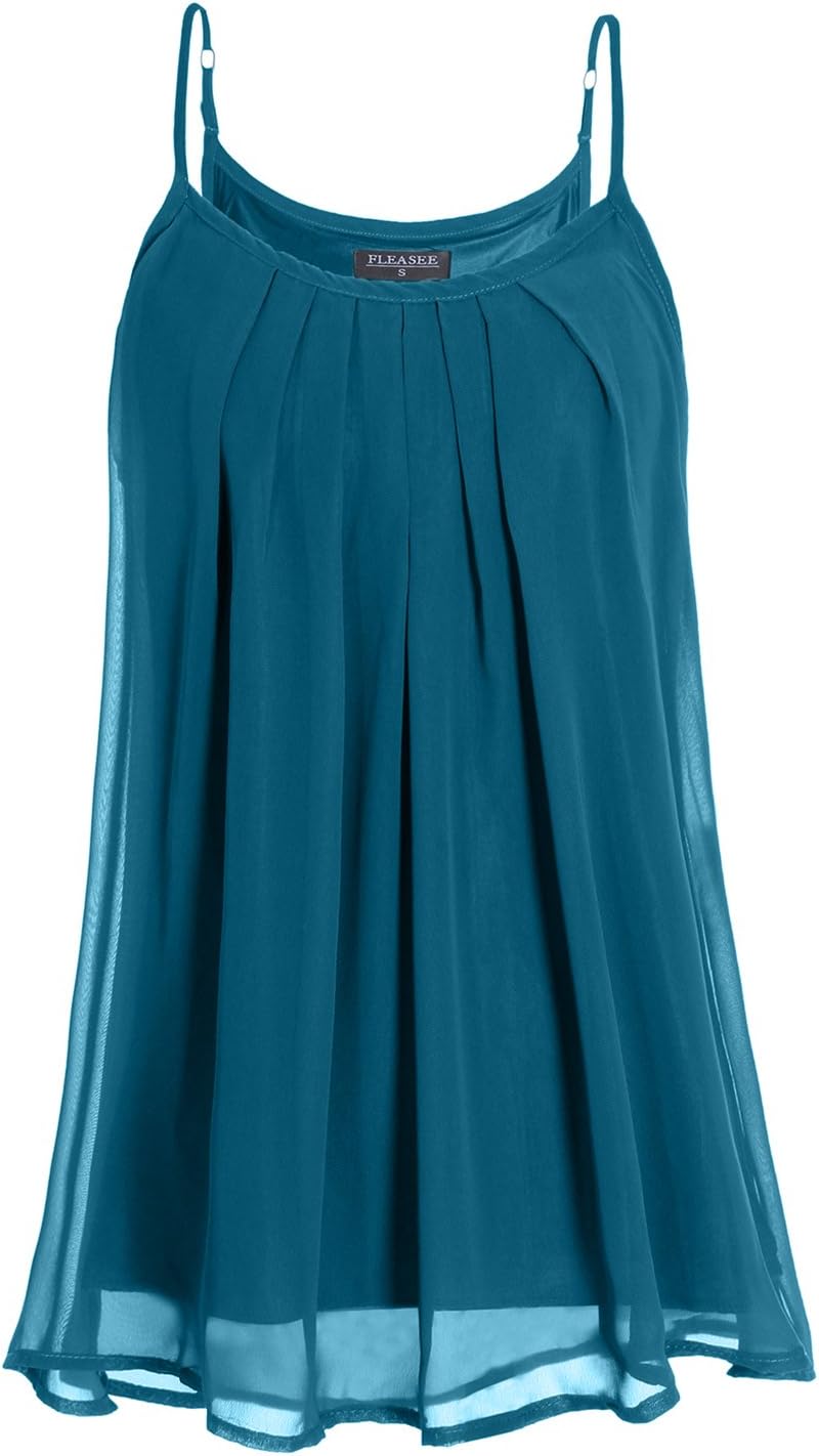 Women's Summer Cool Casual Sleeveless Vest Tops Pleated Layered Chiffon Camisoles Tank Top