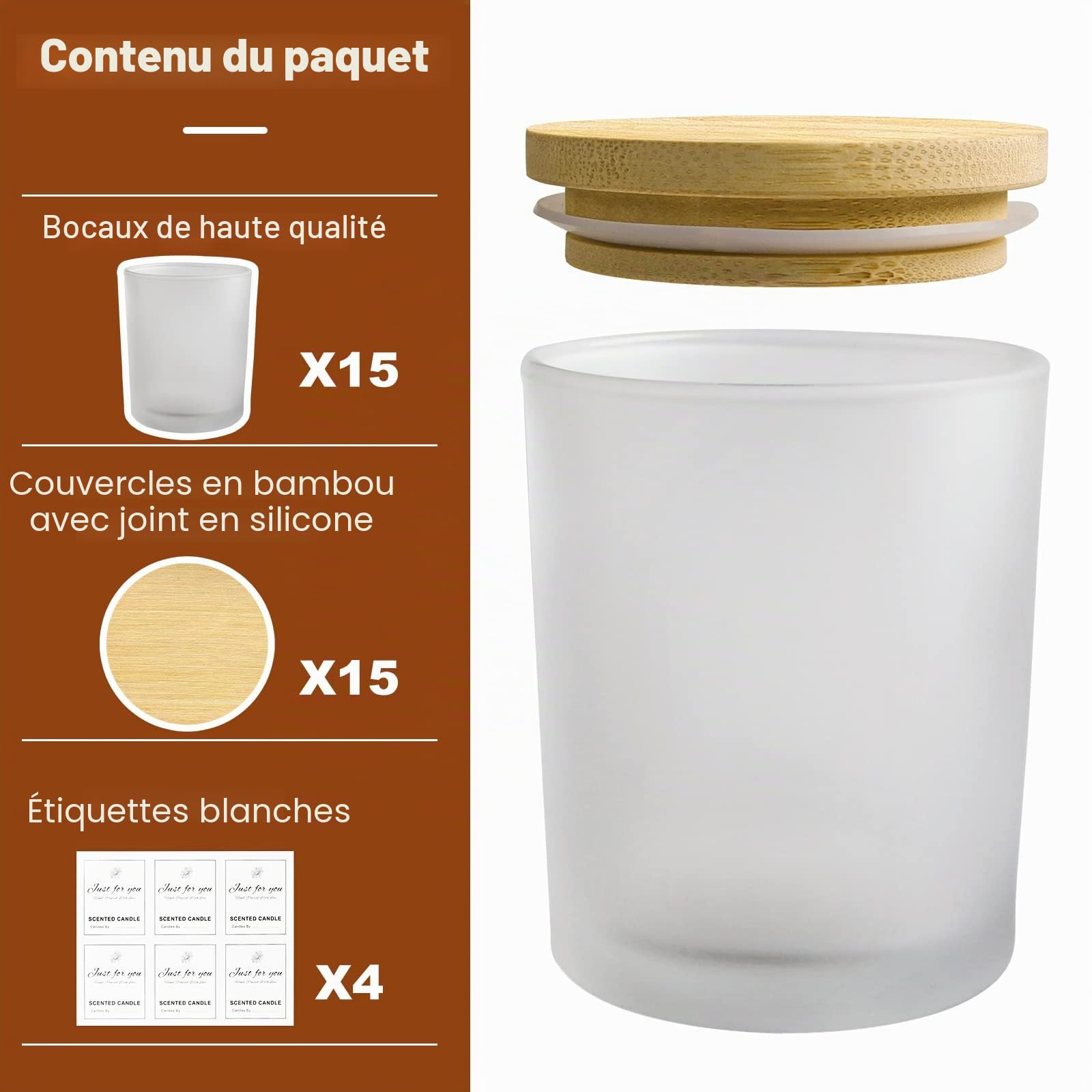 CONNOO Lot de 15 pots à bougies vides givrés de 200 ml avec couvercles en bambou et étiquettes adhésives pour la fabrication de bougies