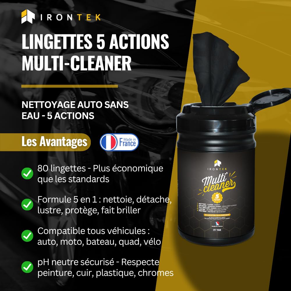 Lingettes Nettoyage Voiture et Moto sans Eau 80 pièces - IRONTEK | IT146 | Carrosserie Jantes Cuir Plastique | Nettoie, Détache, Lustre et Protège | Intérieur & Extérieur | Made in France