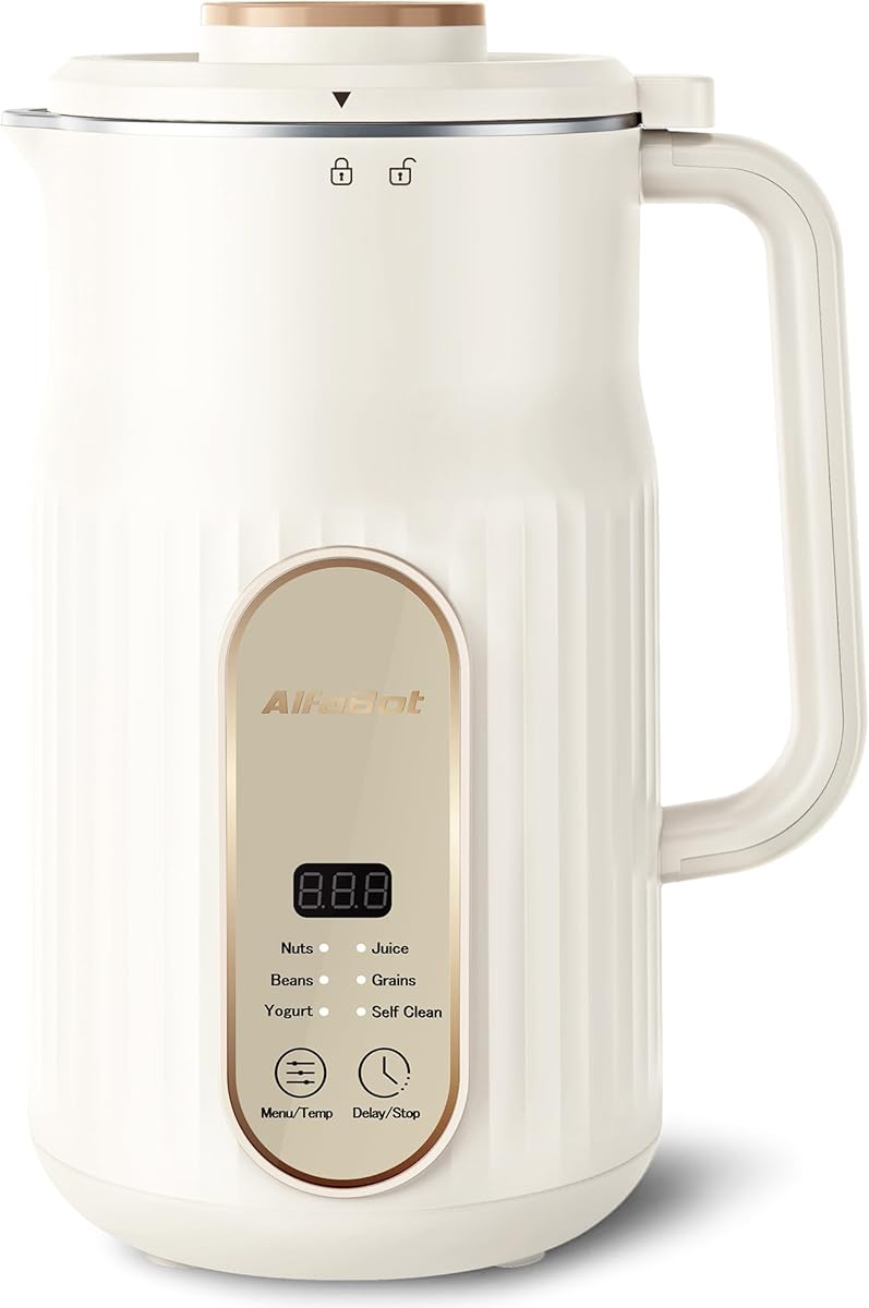 Nut Milk Maker, AlfaBot N2 Automatic Almond Milk Machine for Homemade Plant-Based Milk, Oat, Soy, Yogurt, 5 Modes/35OZ Big Capacity Soy Milk Maker with Delay Setting and Self Cleaning (Cream)
