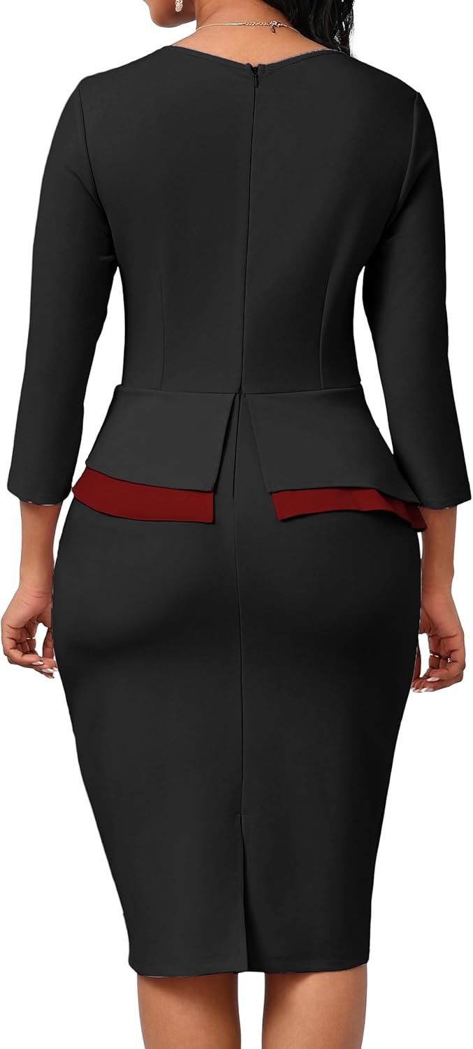 Oxgmoky Women Church Dress Work Business Bodycon 3/4 Sleeve Round Neck Pencil Dresses - Image 2