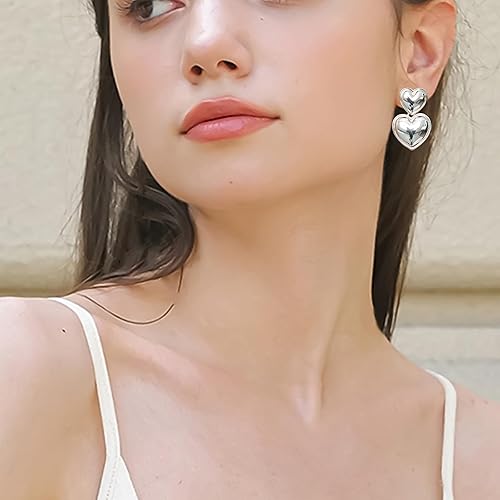 Miniatura 10 de Chunky Gold Earrings, 14K Heart Earrings for Women, Double Heart Dangle Gold Statement Earrings for Women, Christmas Jewelry Gift for Her.