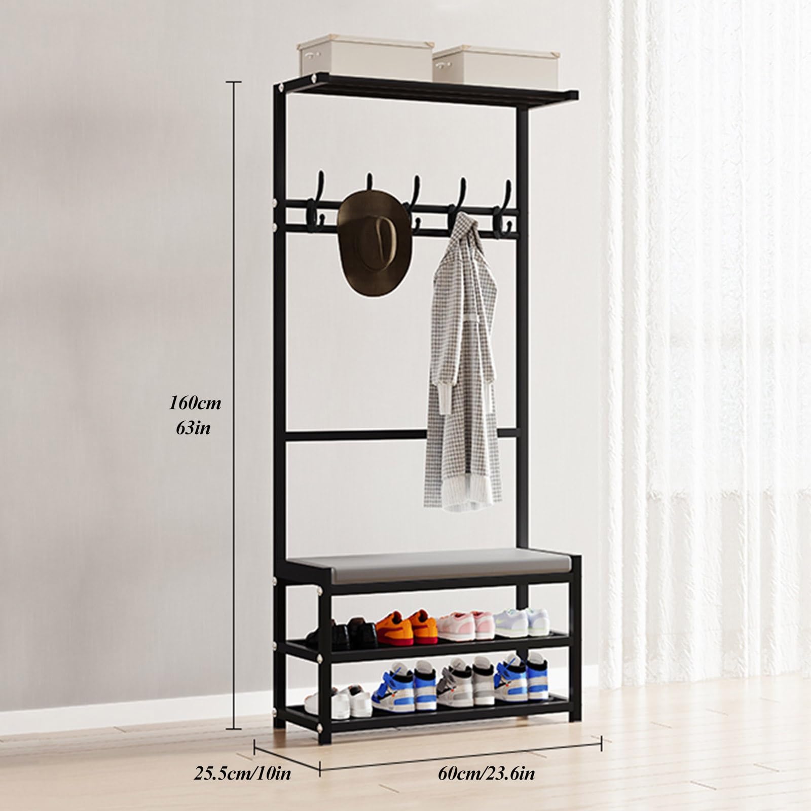 Appendiabiti autoportante con panca e scarpiera, albero per ingresso, camera da letto, corridoio, ufficio, nero