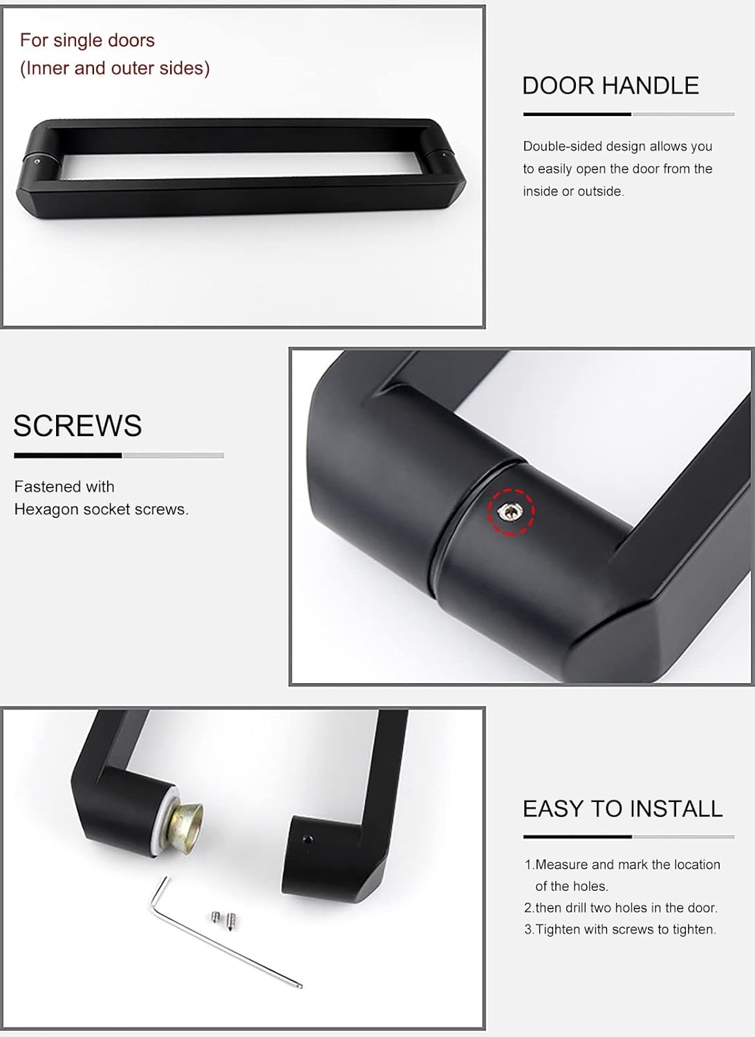 Matte Black Push Pull Door Handles Modern Interior Door Grab with Mounting Screws Shower Glass Door Handle Set with All Installation Fittings (Size: 124cm*120cm)