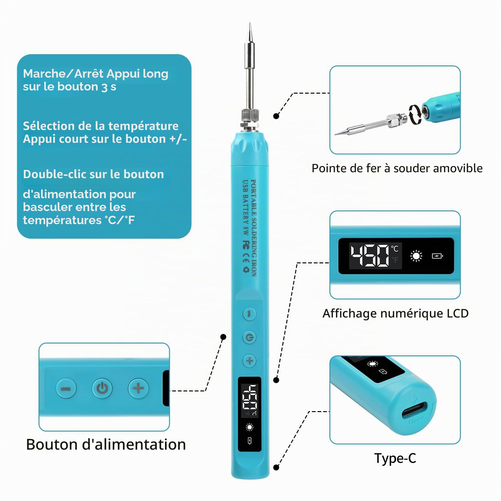 Fer à souder rechargeable USB-C, stylo à souder sans fil portable avec écran LCD, température réglable de 200 °C à 450 °C, avec 3 pointes pour réparation électronique, fabrication de bijoux