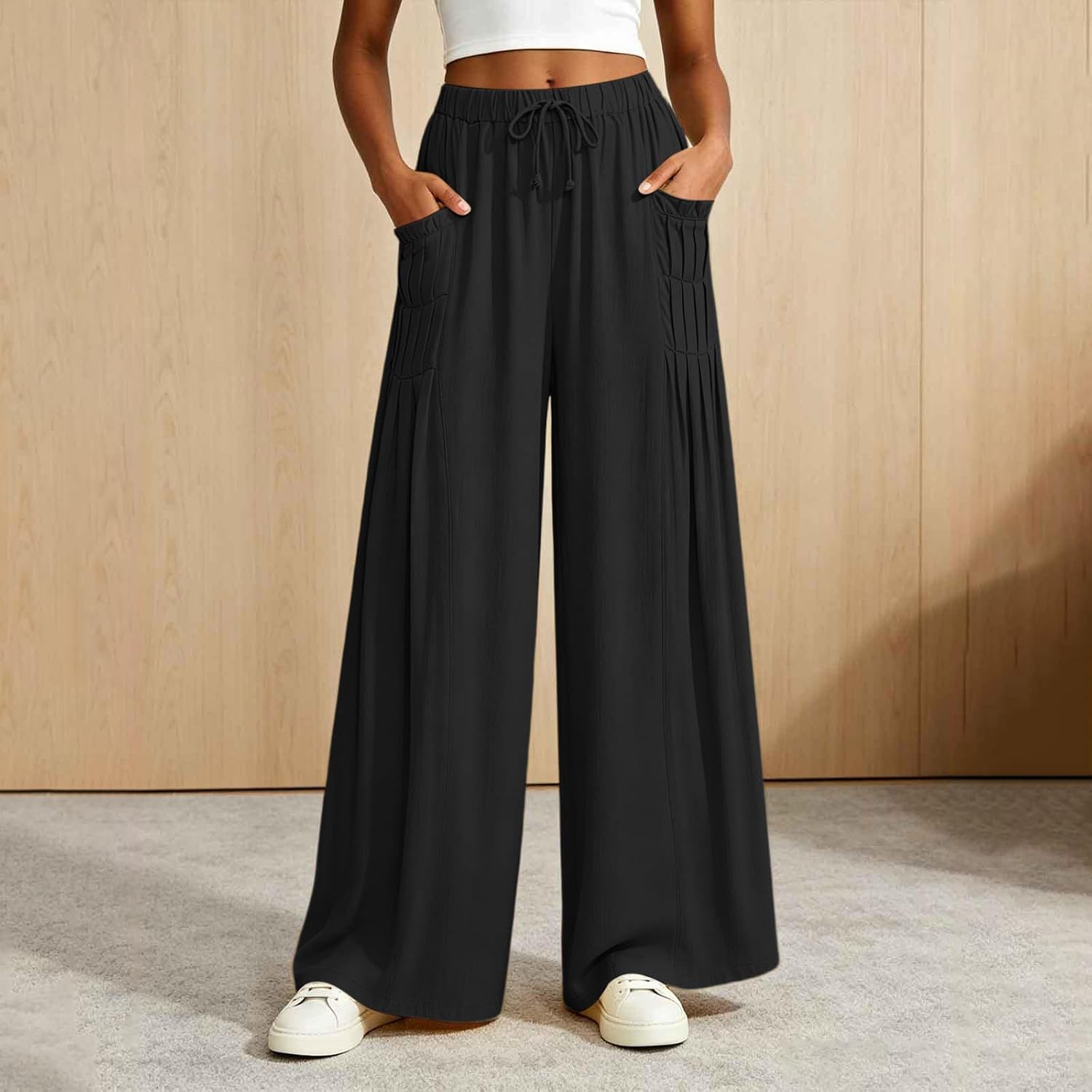 Flowy Wide Leg Pants for Women, Drawstring Waist Lightweight Pleated Palazzo Pant with Pocket Travel Trousers