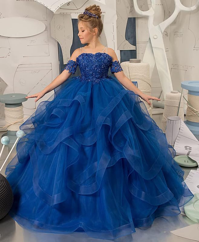 Girls Off Shoulder Pageant Dress Ball Gown Tulle Flower Girl Dresses Appliques Ruffles Girls Pageant Dress3