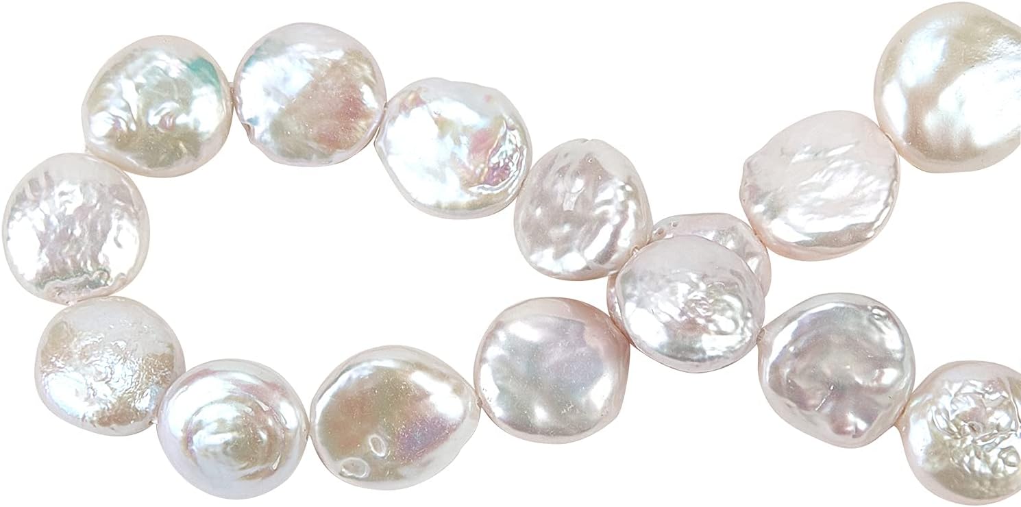 LiQunSweet 15 Pcs Natural Cultured Freshwater Baroque Bead Loose Pearl Flat Round Beads Strands for Women Earrings Necklace Bracelet Jewelry Making - 12~13mm