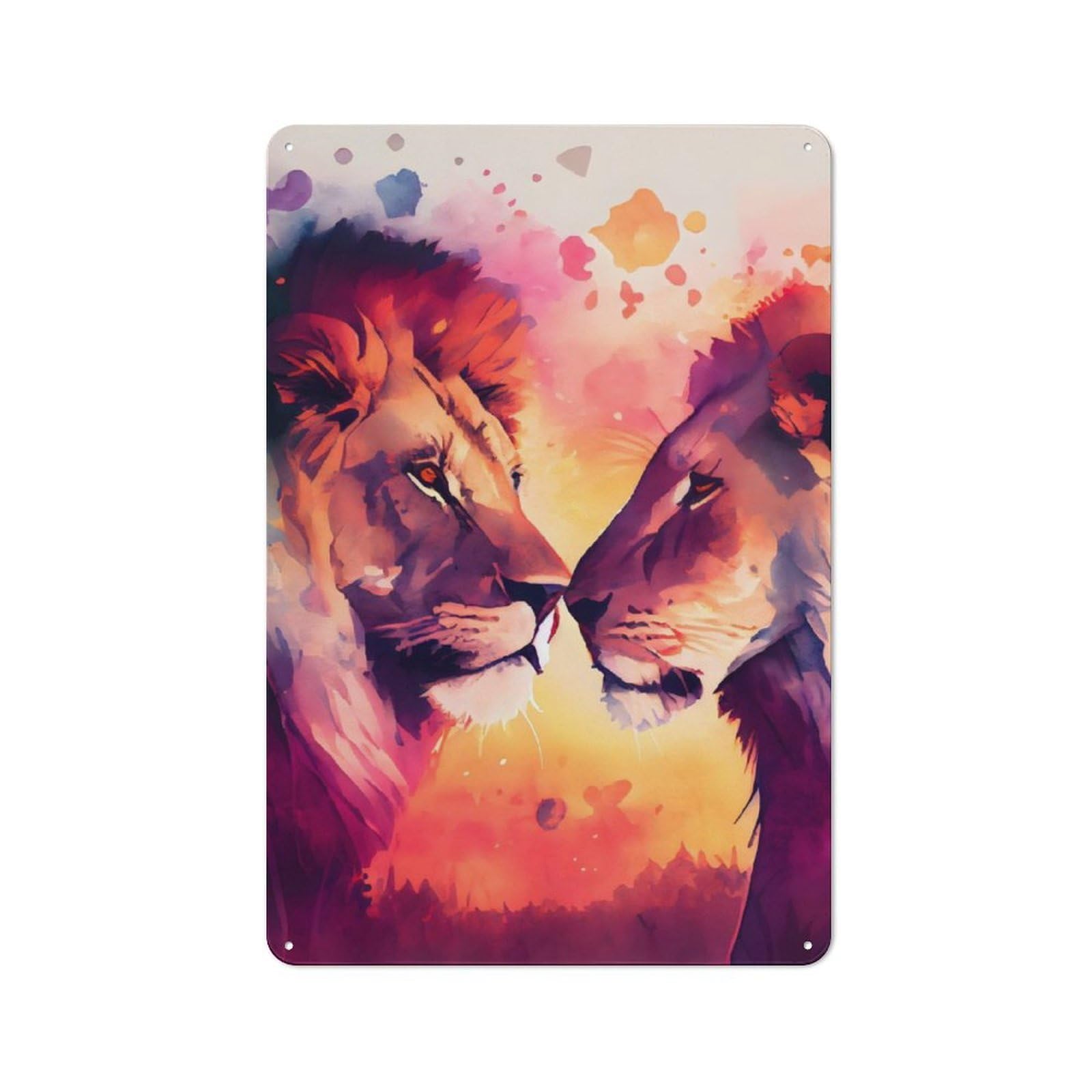 Junmoney Lion Couple Watercolor Vintage Metal Plaque 30X20cm For Man Cave Or Games Room, For An Autumn Update To Man Cave And Games Room