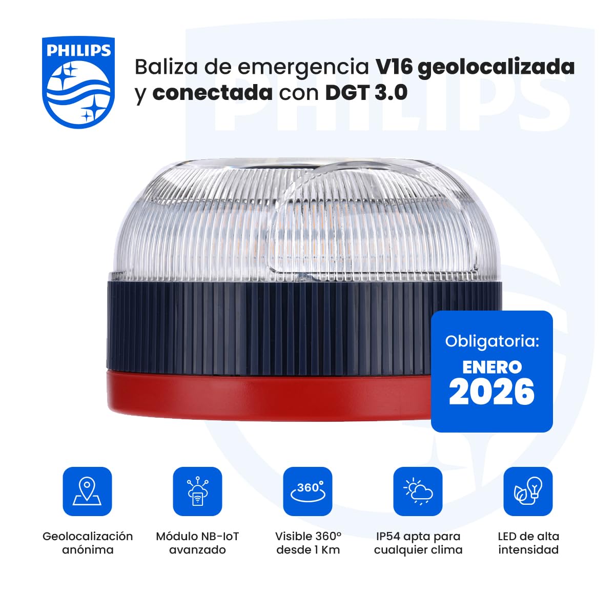 Philips Awaryjny Beacon V16 z geolokalizacją i połączeniem DGT 3.0 – zatwierdzony, plan danych w zestawie, podstawa magnetyczna, wysoka widoczność 1 km, odporna na deszcz i wiatr, baterie AA w